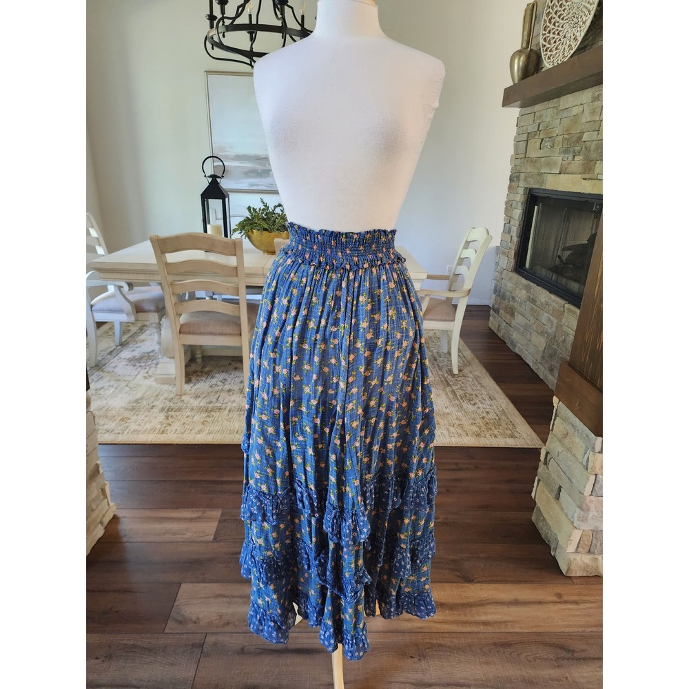 Free People Brynn Blue Floral Smocked Tiered Ruffle Maxi Skirt Small Boho